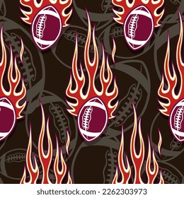 Bolas de rugby en el fuego que repiten fondo de mosaico. Balas de fútbol americano sin fisuras patrón de papel tapiz vectorial de imagen y envoltura de papel diseño.