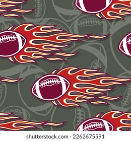 Rugby balls in fire repeating tile background. American football balls seamless pattern vector image wallpaper and wrapping paper design.