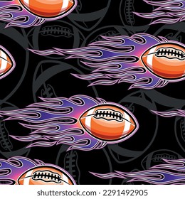 Rugby balls in fire repeating tile background. American football balls seamless pattern vector image wallpaper and wrapping paper design.