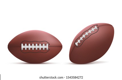 Rugby balls set isolated on white background, american football sports accessory with lacing, equipment for playing game, championship or competition. Realistic 3d vector illustration, icon, clip art