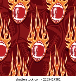 Rugby balls and tribal fire flame seamless pattern vector art image. Flaming American football balls continuous background wallpaper texture.