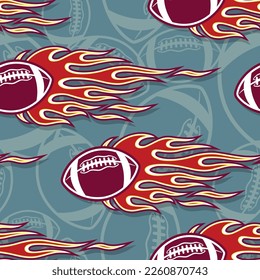 Rugby balls and tribal fire flame seamless pattern vector art image. Flaming American football balls continuous background wallpaper texture.