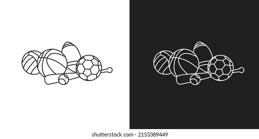 Rugby, baseball bat, volleyball,football   and basketball vector illustration doodle. 