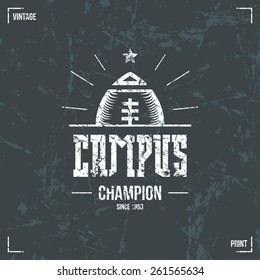 Rugby campus team emblem in retro style. Graphic design for t-shirt. White  print on a dark background