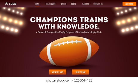 Rugby champions training and knowledge concept, illustration of rugby ball on night stadium background. Responsive landing page or template.