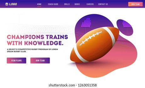 Rugby champions training and knowledge concept, illustration of rugby ball on abstract background. Responsive landing page or template.