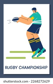 Cartel publicitario del campeonato de rugby, ilustración vectorial plana. Jugador de rugby profesional lanzando pelota. Hombre jugando al deporte de equipo. concepto de fútbol americano.