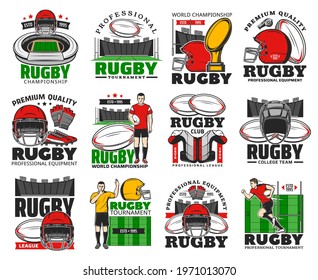 Rugby Meisterschaft, College-Team und Ausrüstung Shop-Symbole. Schutzausrüstung für Rugby-Spieler, Helm, Handschuhe und Spur-Schuh, Schiedsrichter, Sportturnier-Trophäe und Stadionfeld, Vektorgrafik