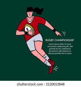 Rugby championship, game flat vector banner template. Competition announcing poster design idea. Woman with ball,  female rugby player with sports facilities cartoon character