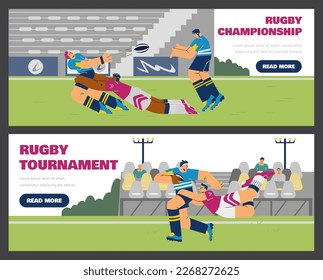 Banners web del campeonato y del campeonato de rugby, ilustración vectorial plana. Jugadores de rugby tirando pelota en el campo. CHarácters corriendo y cayendo durante el juego de rugby.