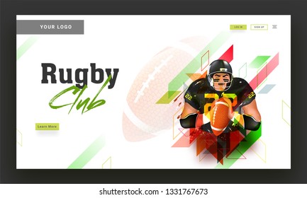 Rugby club landing page design with rugby player illustration on abstract background.