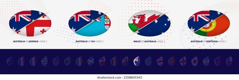 Rugby-Konkurrenzsymbole der australischen Rugby-Nationalmannschaft, alle vier Spiele Symbol im Pool. Vektorset.