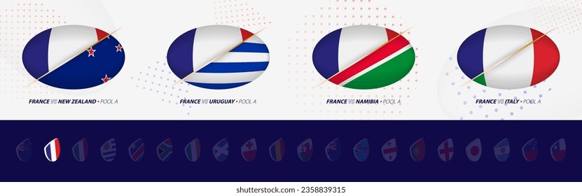 Rugby competition icons of France rugby national team, all four matches icon in pool. Vector set.