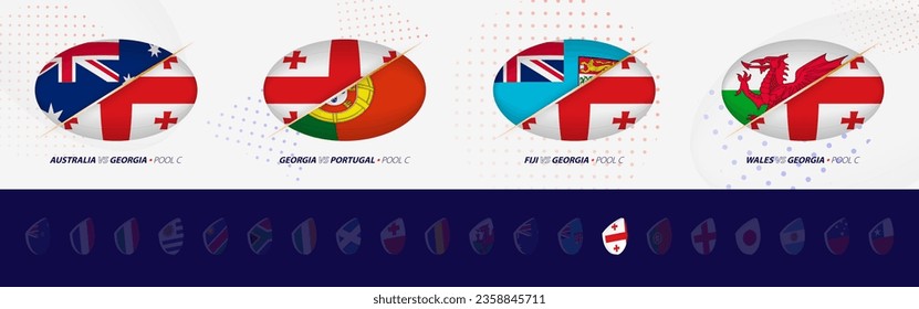 Rugby competition icons of Georgia rugby national team, all four matches icon in pool. Vector set.