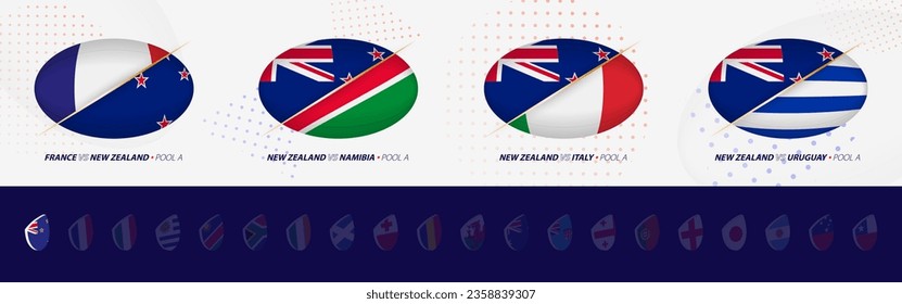 Rugby competition icons of New Zealand rugby national team, all four matches icon in pool. Vector set.