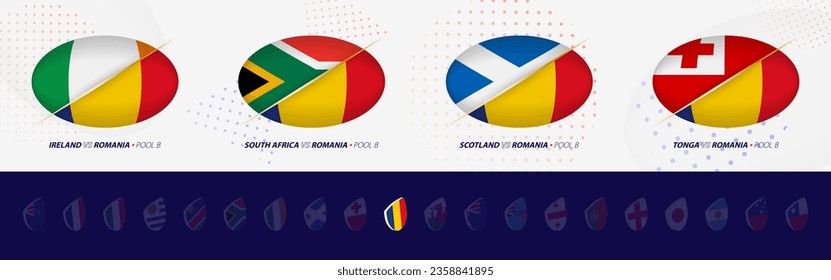 Rugby competition icons of Romania rugby national team, all four matches icon in pool. Vector set.