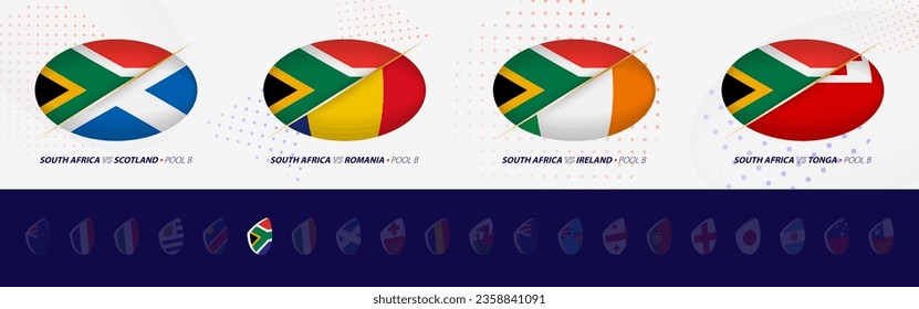 Rugby competition icons of South Africa rugby national team, all four matches icon in pool. Vector set.