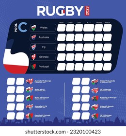 Copa Rugby 2023, programa de cerillas de piscina C. Banderas vectoriales de Gales, Australia, Fiji, Georgia, Portugal. 