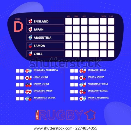 Rugby cup 2023, Pool D match schedule. Flags of England, Japan, Argentina, Samoa, Chile. Template for rugby tournament.