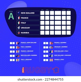 Rugby cup 2023, Pool A match schedule. Flags of New Zealand, France, Italy, Uruguay, Namibia. Template for rugby tournament.