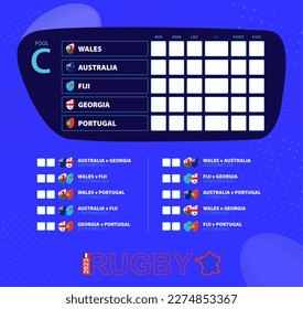 Rugby cup 2023, Pool A match schedule. Flags of Wales, Australia, Fiji, Georgia, Portugal. Template for rugby tournament.