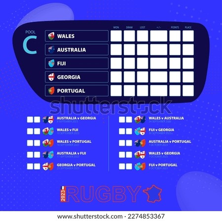 Rugby cup 2023, Pool A match schedule. Flags of Wales, Australia, Fiji, Georgia, Portugal. Template for rugby tournament.