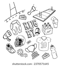 Rugby doodle sketch, Hand drawn American football equipment icons sketch