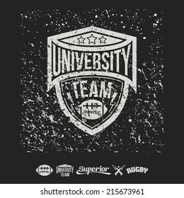 Rugby emblem university team and design elements. Graphic design for t-shirt on black  background