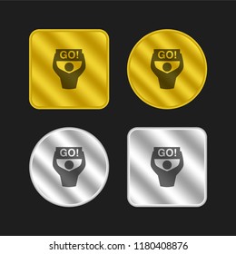 Rugby fan with an encouraging signal with word go! gold and silver metallic coin logo icon design