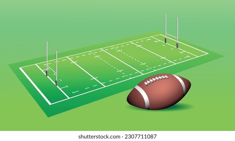 Rugby field and ball. Vector 3d illustration