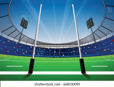 Rugby field with bright stadium. vector illustration.