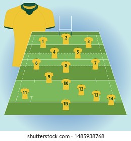 Rugby Field with Icon Player and number. Background with yellow jersey front and back.