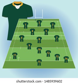 Rugby Field With Icon Player And Number. Background With Green Jersey Front And Back.