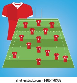 Rugby Field with Icon Player and number. Background with red jersey front and back.