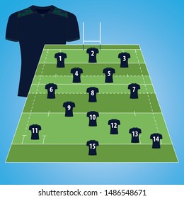 Rugby Field with Icon Player and number. Background with blue jersey front and back.