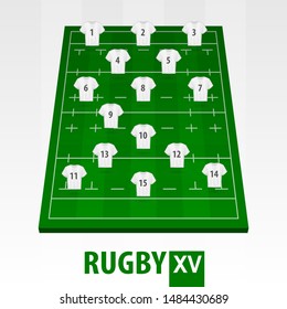 Rugby Field With Player Position. Green Rugby 15 Field. Vector Illustration.