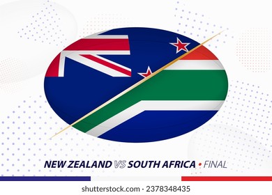 Rugby final match between New Zealand vs South Africa, concept for rugby tournament. Vector flags stylized in shape of oval ball.