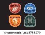 rugby fireball, ball, helmet, headgear, rugby tee pin, goalpost, goal pole retro vintage badge logo vector design set for american football and rugby player, sport, club, league and merchandise