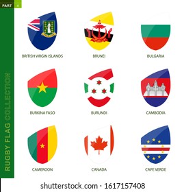 Rugby flag collection. Rugby icon with flag of 9 countries: British Virgin Islands, Brunei, Bulgaria, Burkina Faso, Burundi, Cambodia, Cameroon, Canada, Cape Verde
