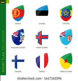 Rugby flag collection. Rugby icon with flag of 9 countries: Eritrea, Estonia, Ethiopia, Falkland Islands, Faroe Islands, Fiji, Finland, France, French Guiana