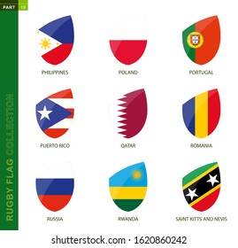 Rugby flag collection. Rugby icon with flag of 9 countries: Philippines, Poland, Portugal, Puerto Rico, Qatar, Romania, Russia, Rwanda, Saint Kitts and Nevis
