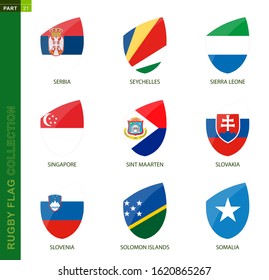 Rugby flag collection. Rugby icon with flag of 9 countries: Serbia, Seychelles, Sierra Leone, Singapore, Sint Maarten, Slovakia, Slovenia, Solomon Islands, Somalia