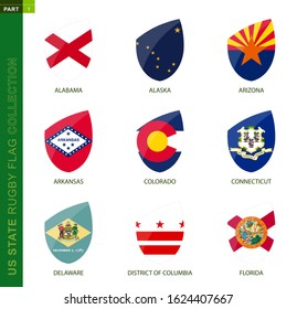 Rugby flag collection. Rugby icon with flag of 9 US states: Alabama, Alaska, Arizona, Arkansas, Colorado, Connecticut, Delaware, District of Columbia, Florida