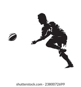 Rugby football player passing ball, isolated vector silhouette, side view