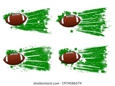 Rugby or football sport grunge banners. American football, rugby ball, green paint traces grungy background. Team sports club tournament retro banner with paint smudges, stars and halftone effect