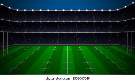 Rugby football stadium with green field. Vector illustration