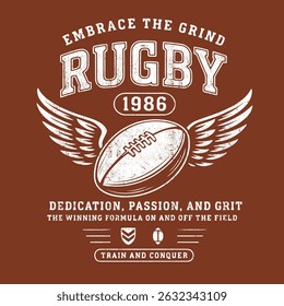 Rugby Football team slogan is vintage print artwork , wing team sports graphics. this artwork use for T-shirt, sweatshirt, and all kinds for screen printing, sports vintage graphics. 