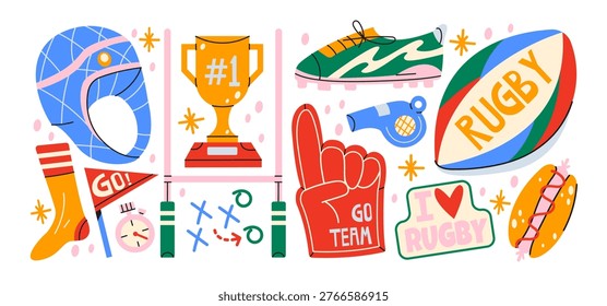 Rugby game elements in retro cartoon style. Sports elements: rugby ball, helmet, trophy, whistle, shoes, strategy board, fan foam hand. Team competition objects, match day equipment