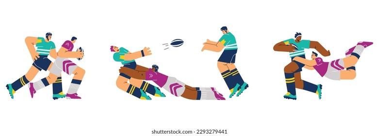 Rugby game male players characters in uniform flat cartoon vector illustration isolated on white background. Cartoon characters for rugby competition banners or tickets.