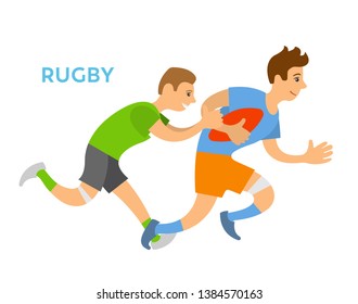 Rugby game vector, aggressive kind of sports isolated character running holding ball in hands. Person chasing male, personage wearing uniform flat style